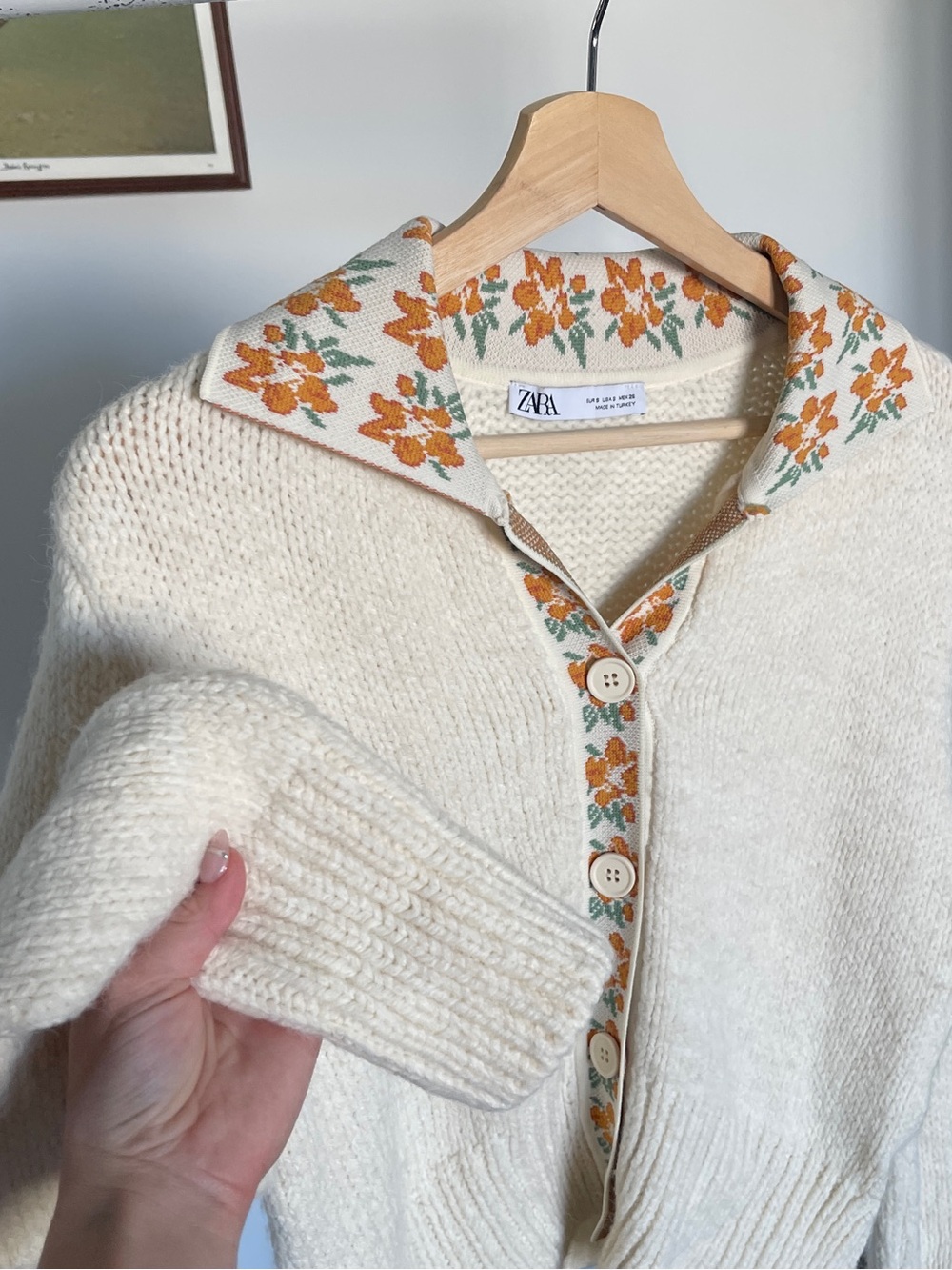 ZARA Cream Knit Cardigan with Orange Floral Collar